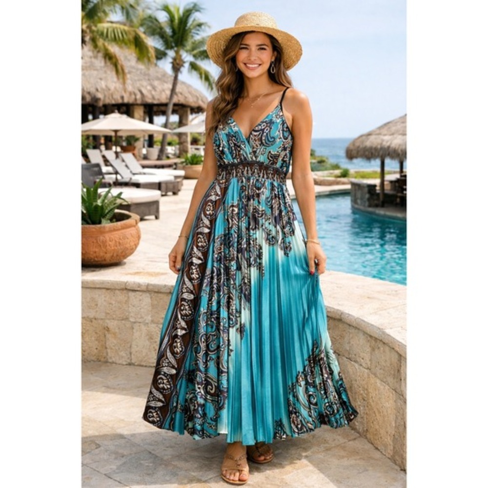 Paisley Pleated Maxi Strap Dress Step In Style‎ Women S Turquoise Brown Smocked